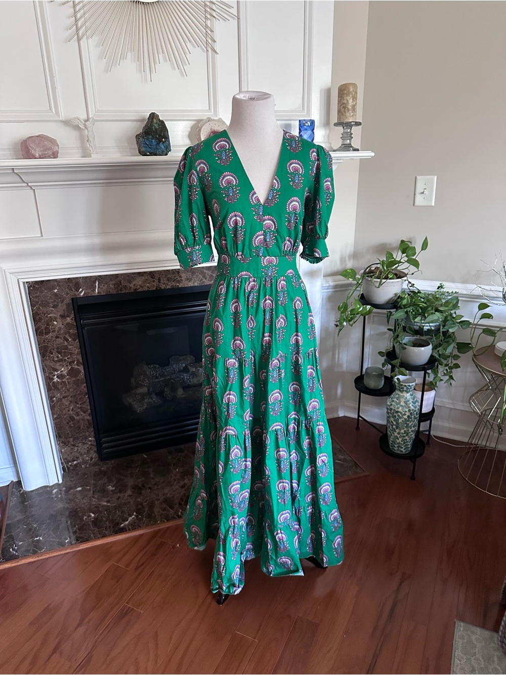 Boden Green Printed Maxi Dress with Pink Accent